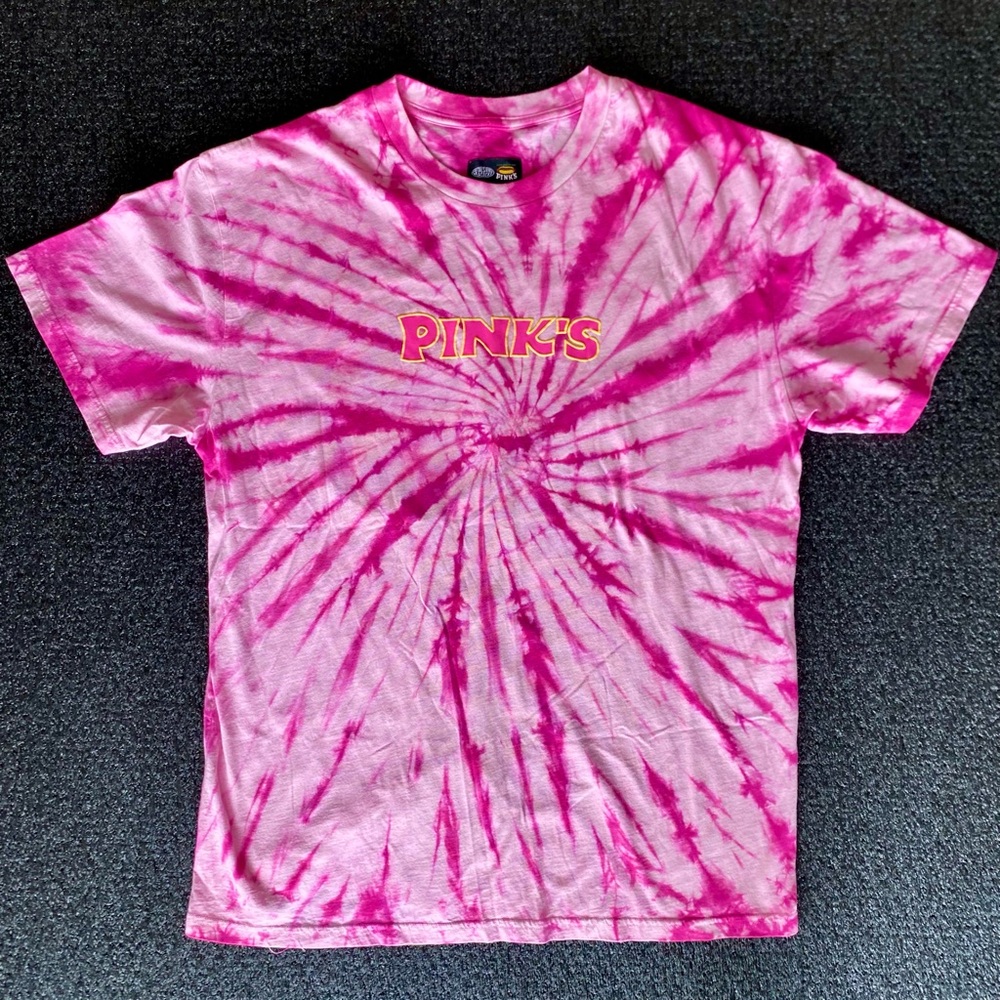 Petals and Peacocks Pink’s Hot Dogs Collab Pink Tie-Dye T Shirt Size Large